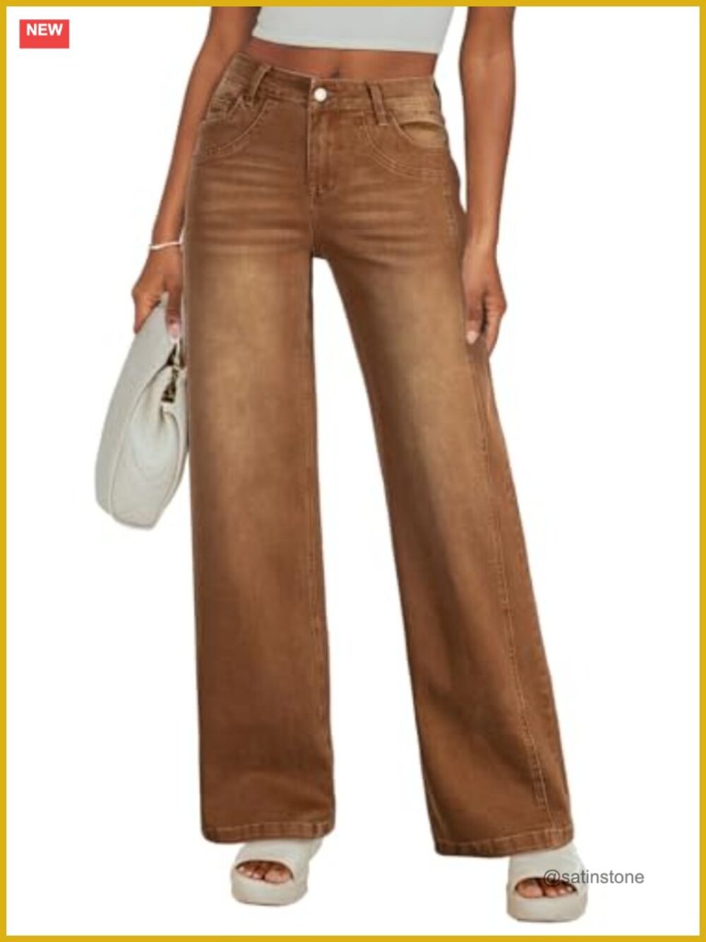 High Waisted Wide Leg Stretch Denim Jeans with Patchwork Details Casual Trendy